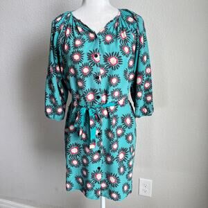 Tucker Silk Belted Shift Dress Women's M Green Print  Button Front Modest Chic